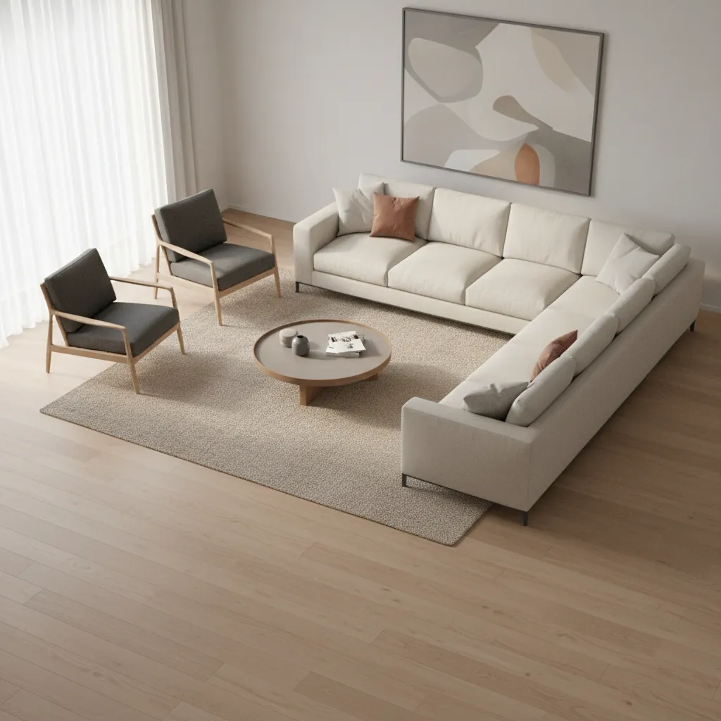 Living room seating layout demonstrating spacing between sofa chairs and coffee table