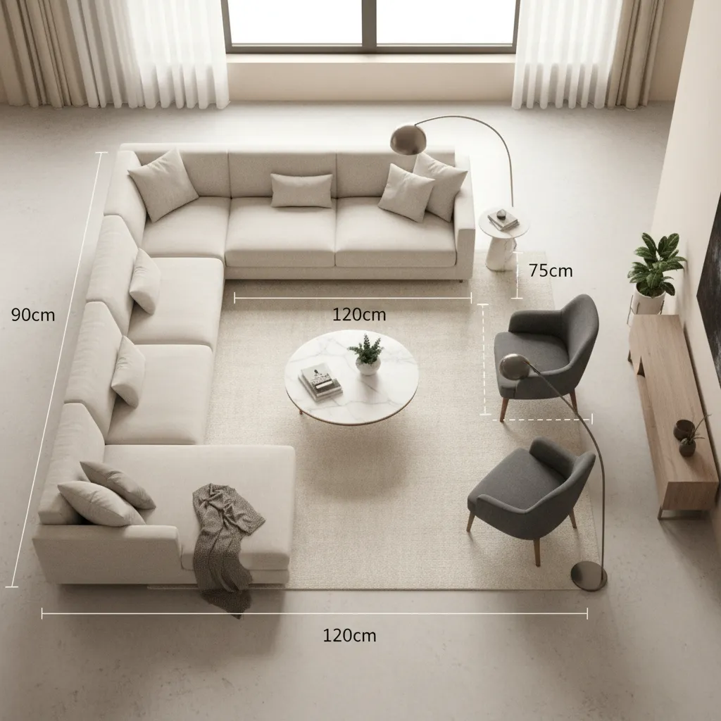 living room furniture spacing showing sofa coffee table and walkway distance