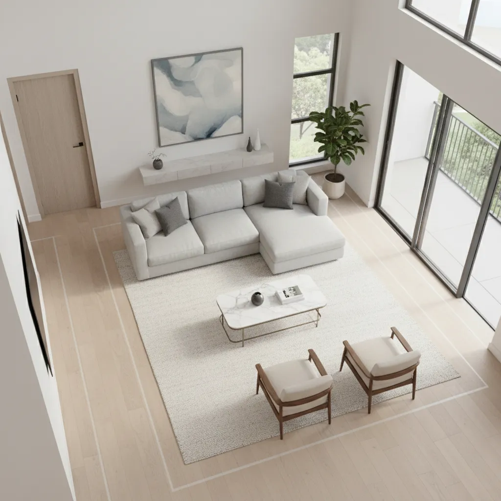 living room layout diagram showing sofa coffee table spacing and walkway clearance