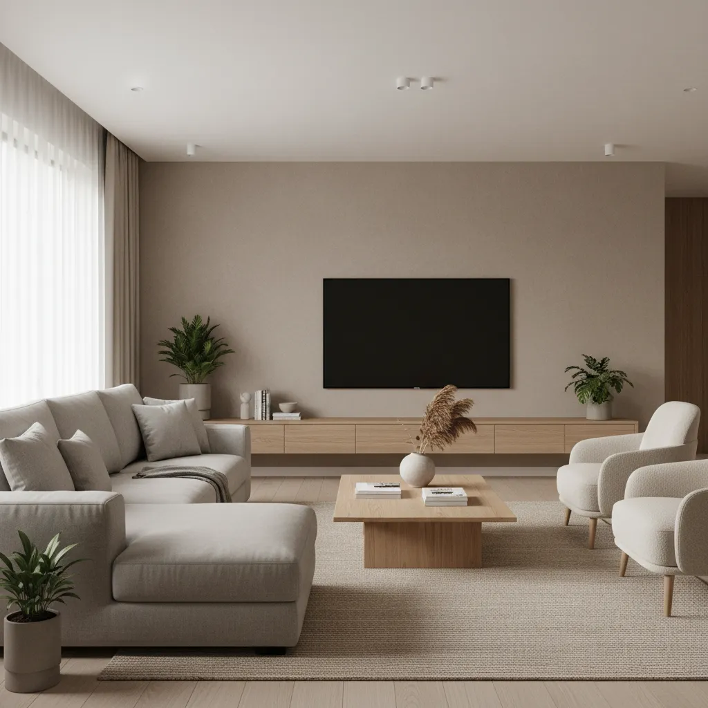 Living room furniture spacing example showing sofa coffee table and TV distance