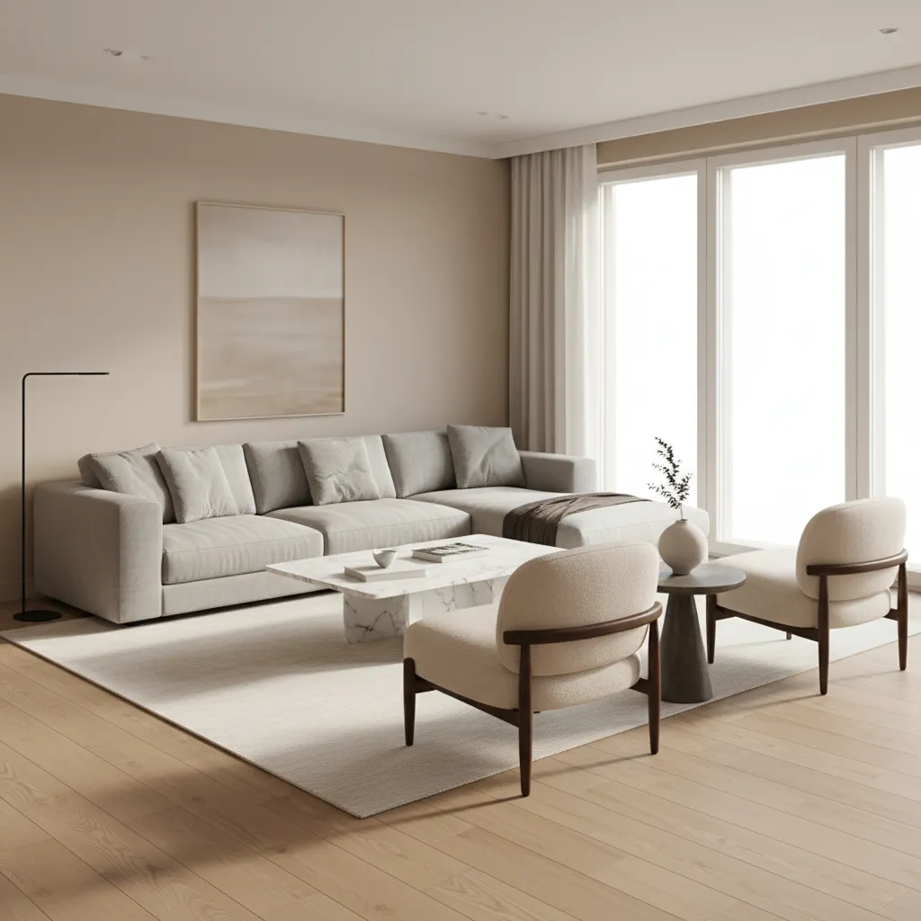 Living room showing ideal spacing between sofa coffee table and chairs