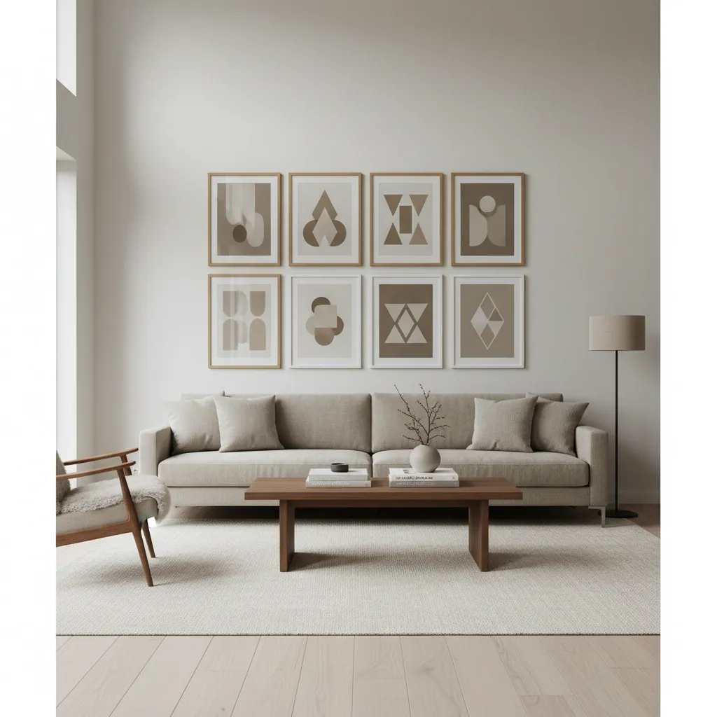 Minimalist living room featuring beige sofa wooden coffee table floor lamp and eight framed pictures