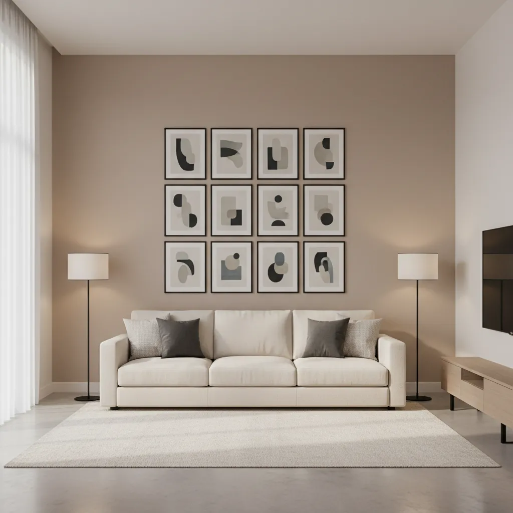 Structured gallery wall above sofa in modern living room
