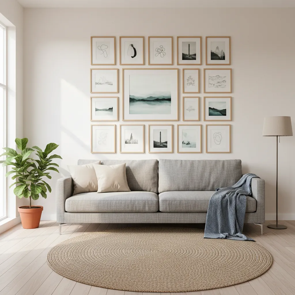 Structured gallery wall with multiple framed artworks above sofa