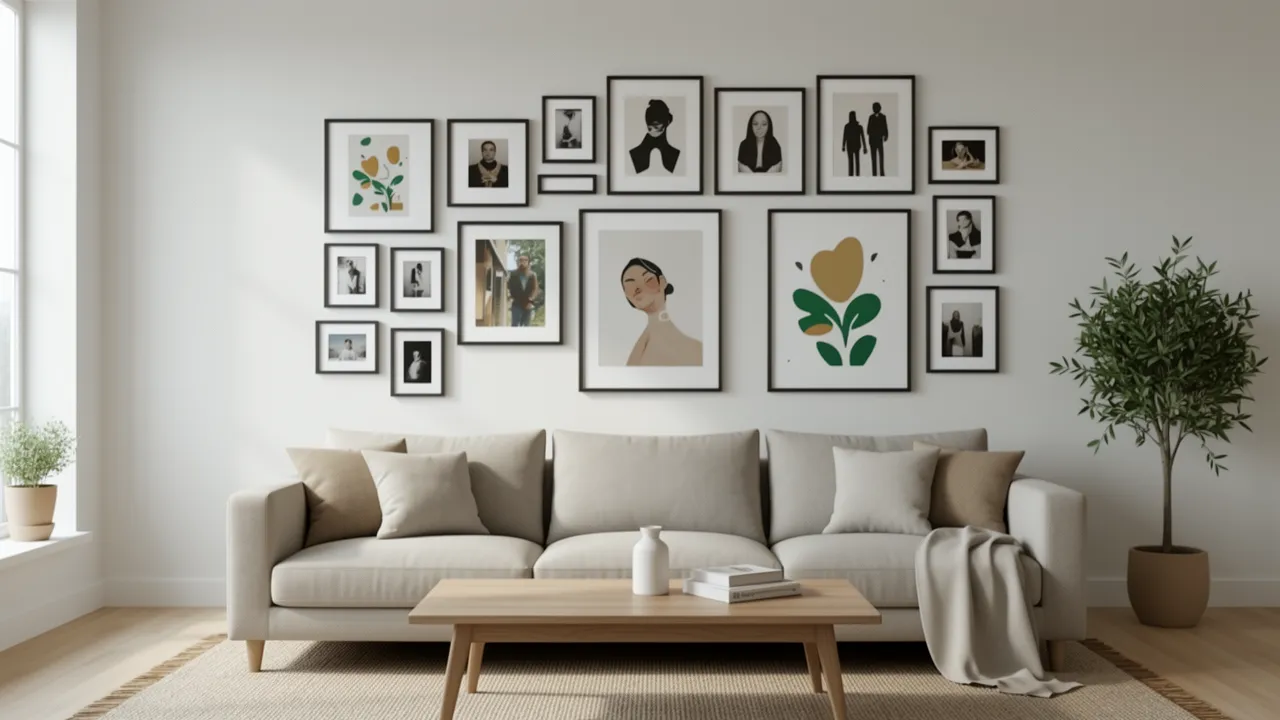 Curated gallery wall with mixed frames above sofa