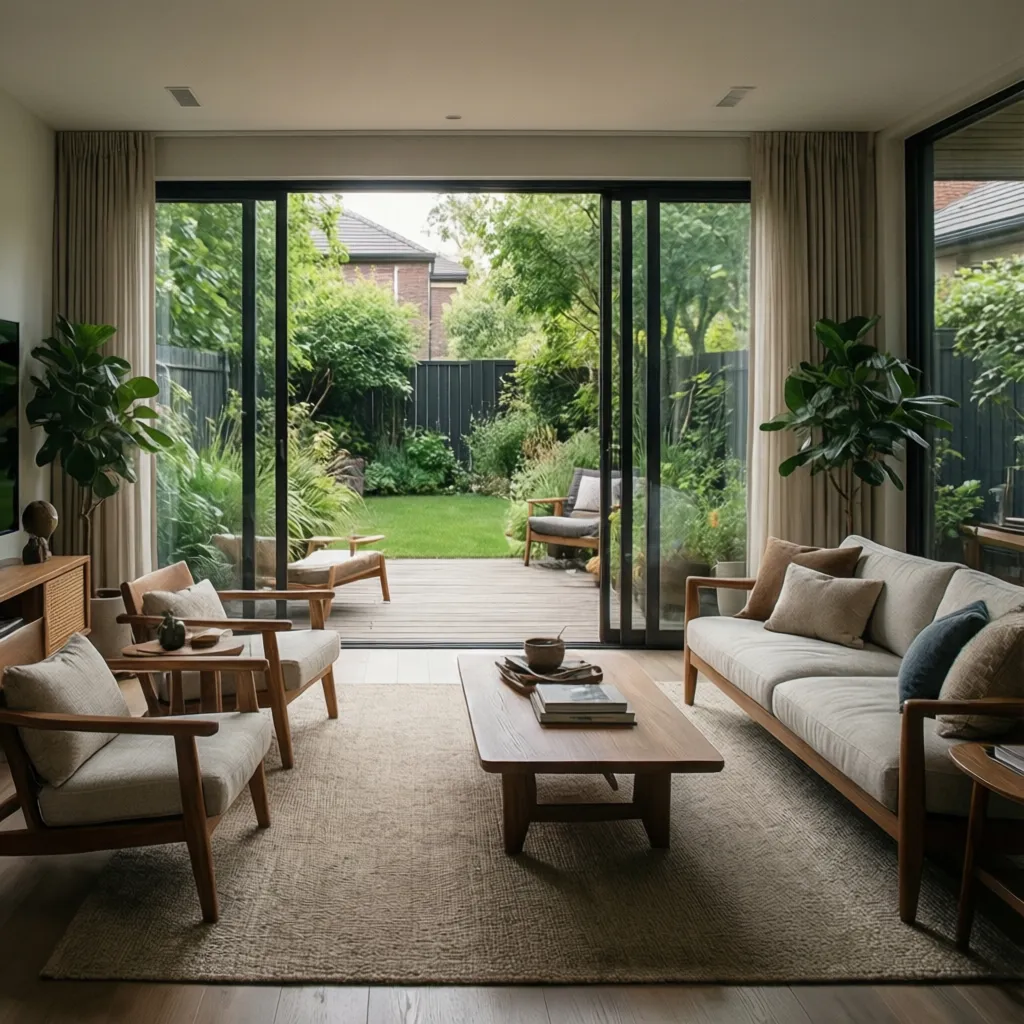 Modern living room with grey sofa wooden armchairs coffee table and glass sliding garden doors