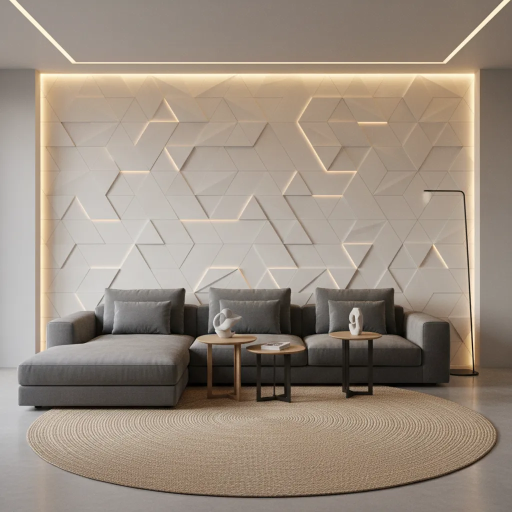 geometric 3D wall tiles in contemporary living room