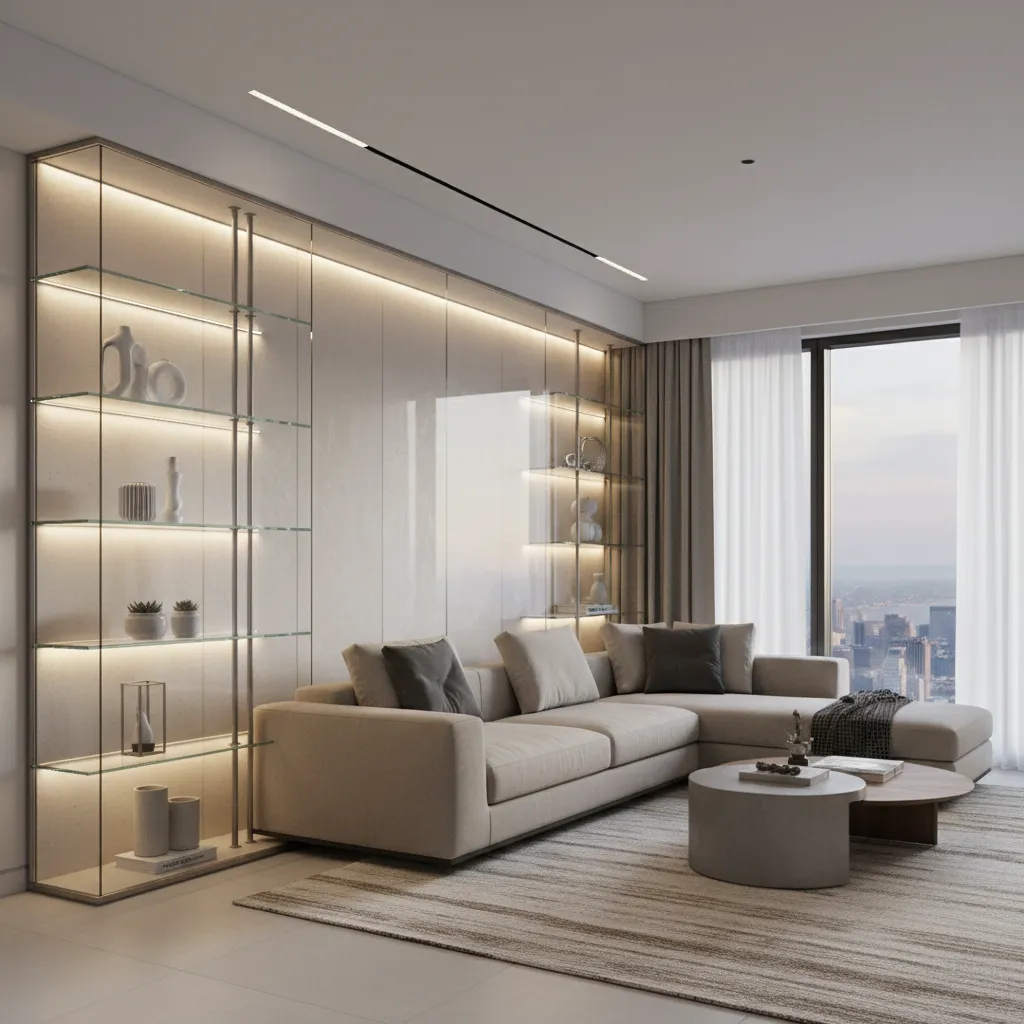 modern living room with built in glass wall showcase display shelves