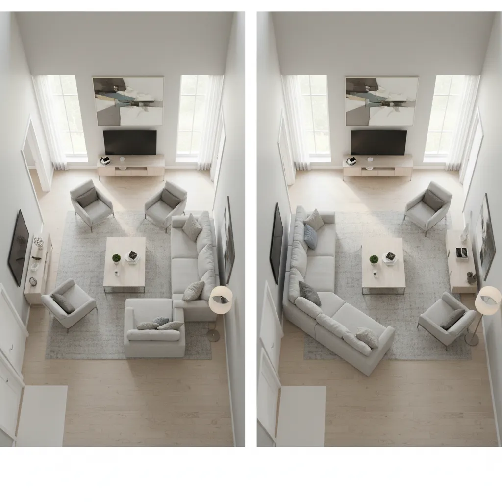 Comparison of comfortable living room layout versus awkward furniture placement