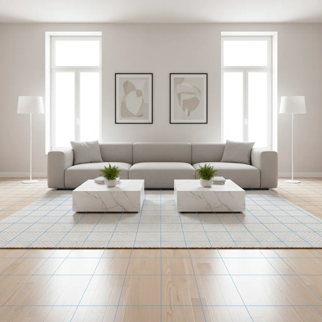 living room interior with transparent layout grid overlay for furniture planning