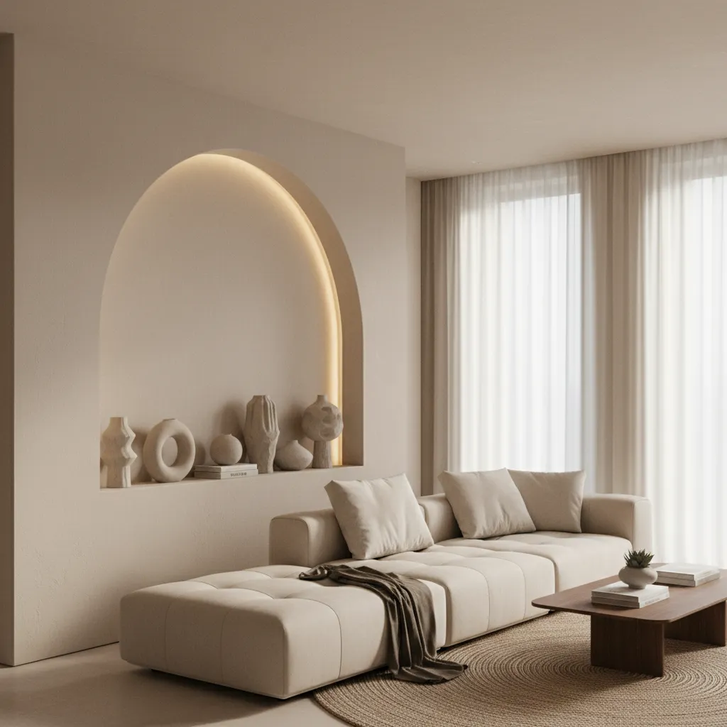 Modern living room with decorative half arch wall niche displaying ceramics