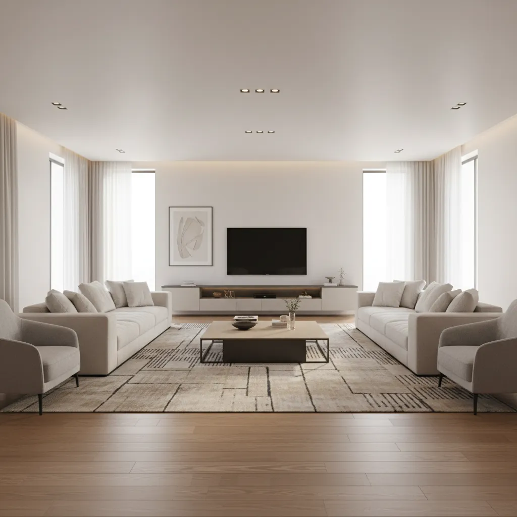 Symmetrical living room with two long white sofas, rectangular coffee table, patterned rug, and television