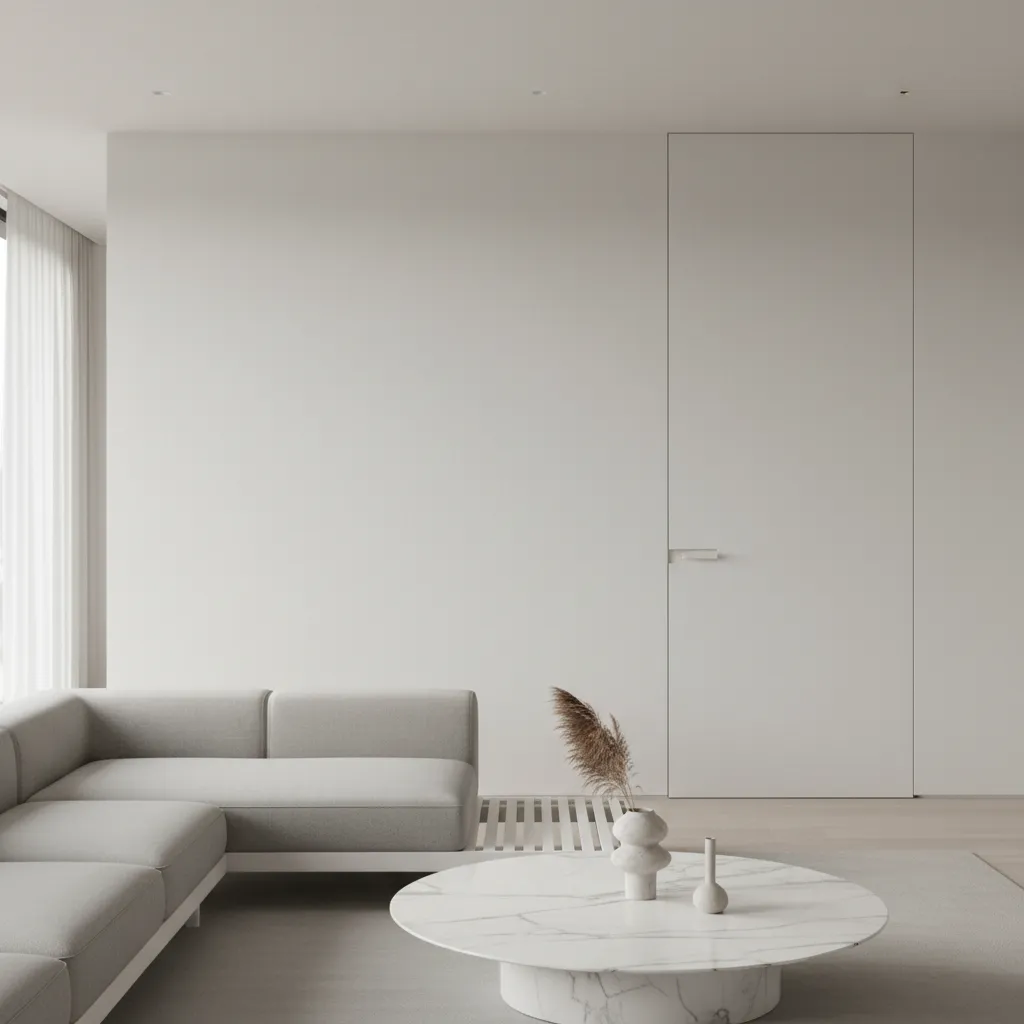 living room interior showing a concealed bathroom door within a minimalist wall