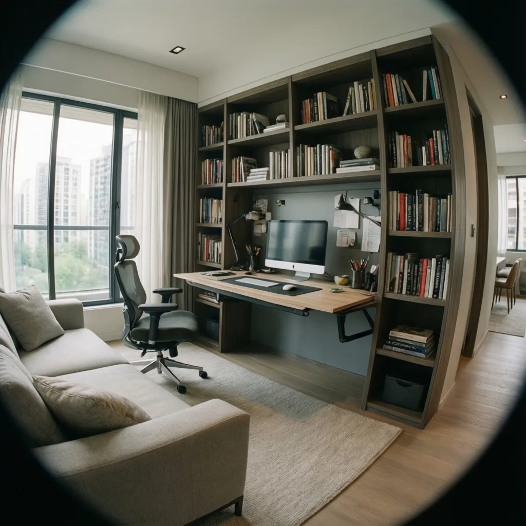 Salón que se transforma en oficina con escritorio plegable
