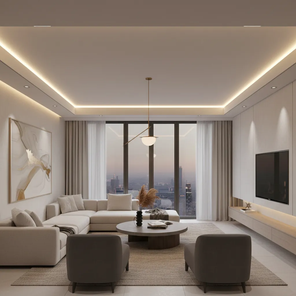 Luxury living room with hidden LED cove lighting and wall wash lighting