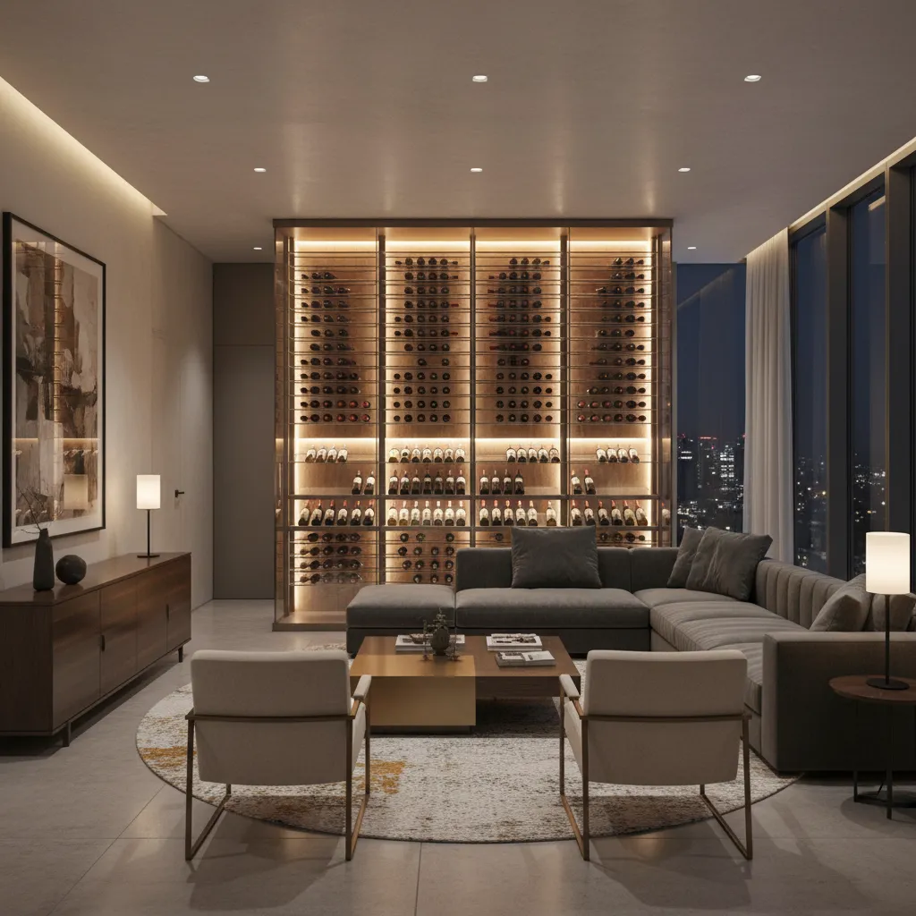 Cava de vino integrada en el salón con iluminación ambiental