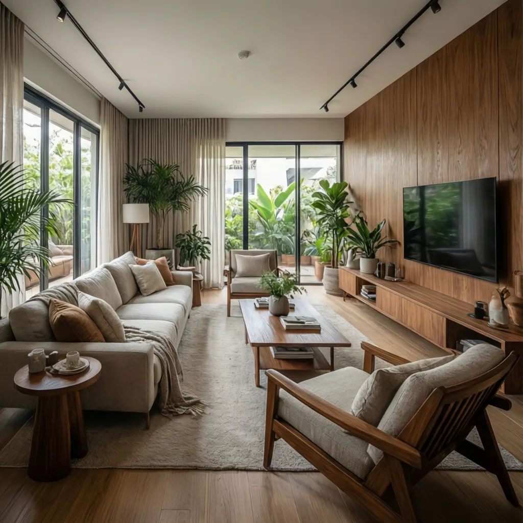 Sala moderna bien distribuida en un apartamento urbano