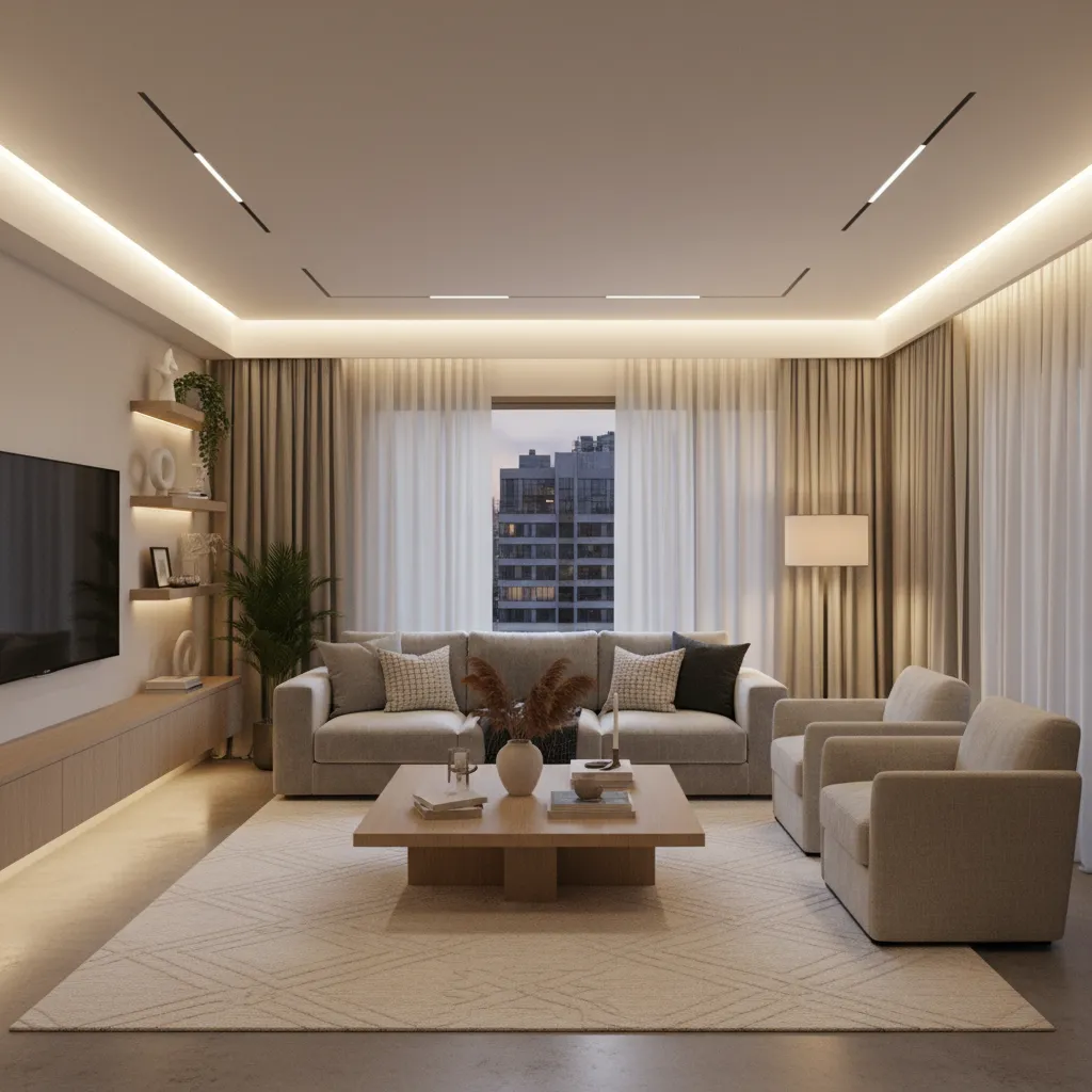 Salón moderno diseñado por interiorista con muebles equilibrados y buena iluminación