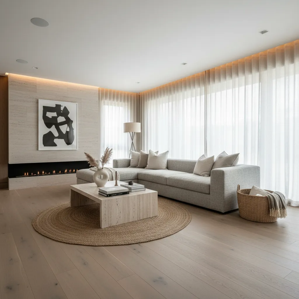 Modern living room interior design drawing with grey sofa stone table fireplace and white curtain