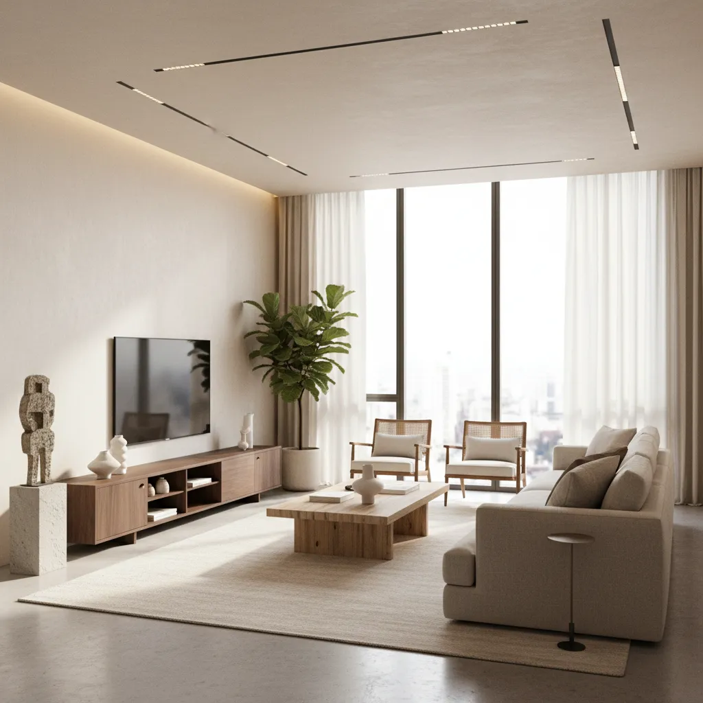 Minimalist living room with beige sofa wooden coffee table large windows plant and ceiling lights