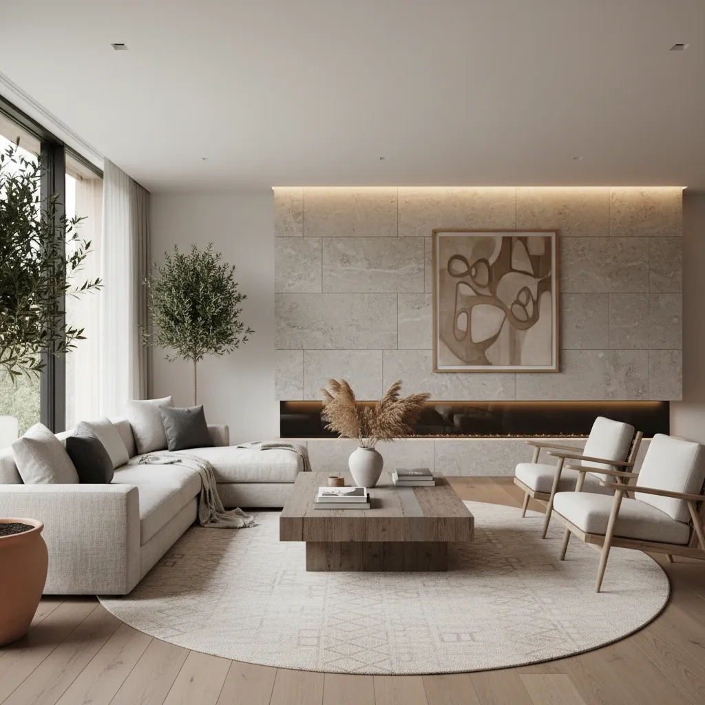 Salón moderno diseñado por interioristas con iluminación y mobiliario equilibrado