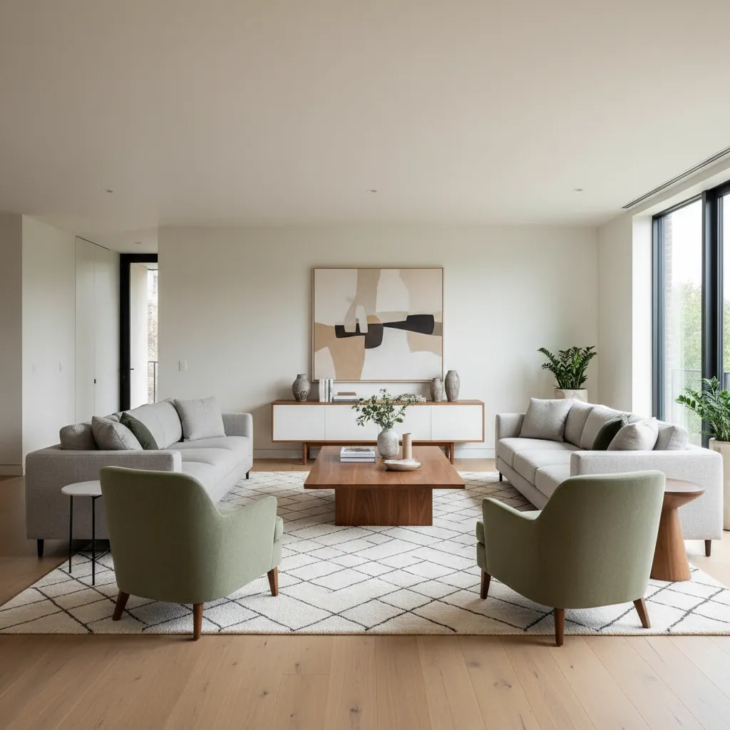 Salón moderno bien distribuido con sofá, mesa de centro y circulación amplia