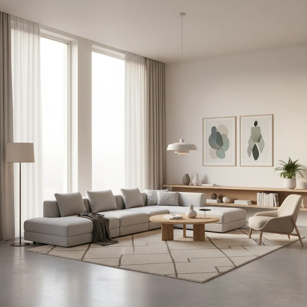 Mockup 3D de un salón moderno con distribución de muebles
