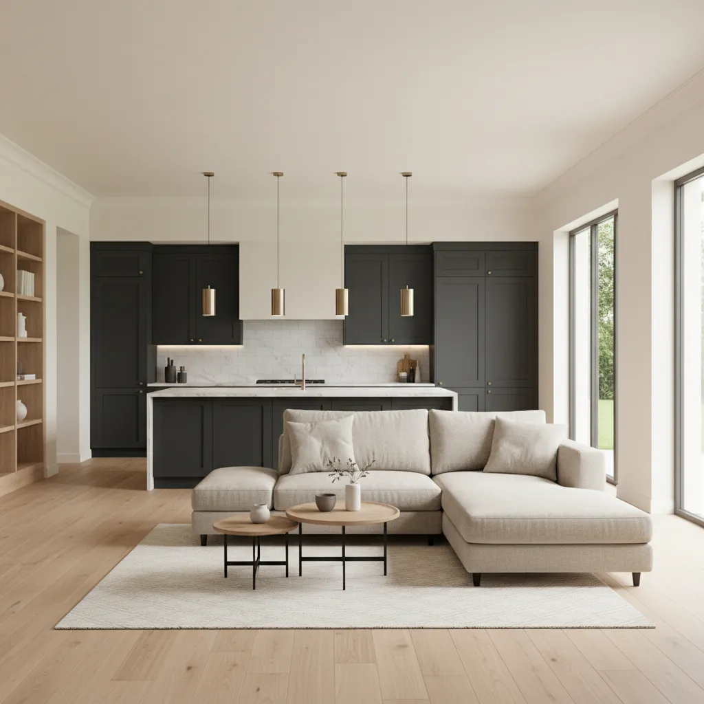 open living room and kitchen with subtle color zoning between areas