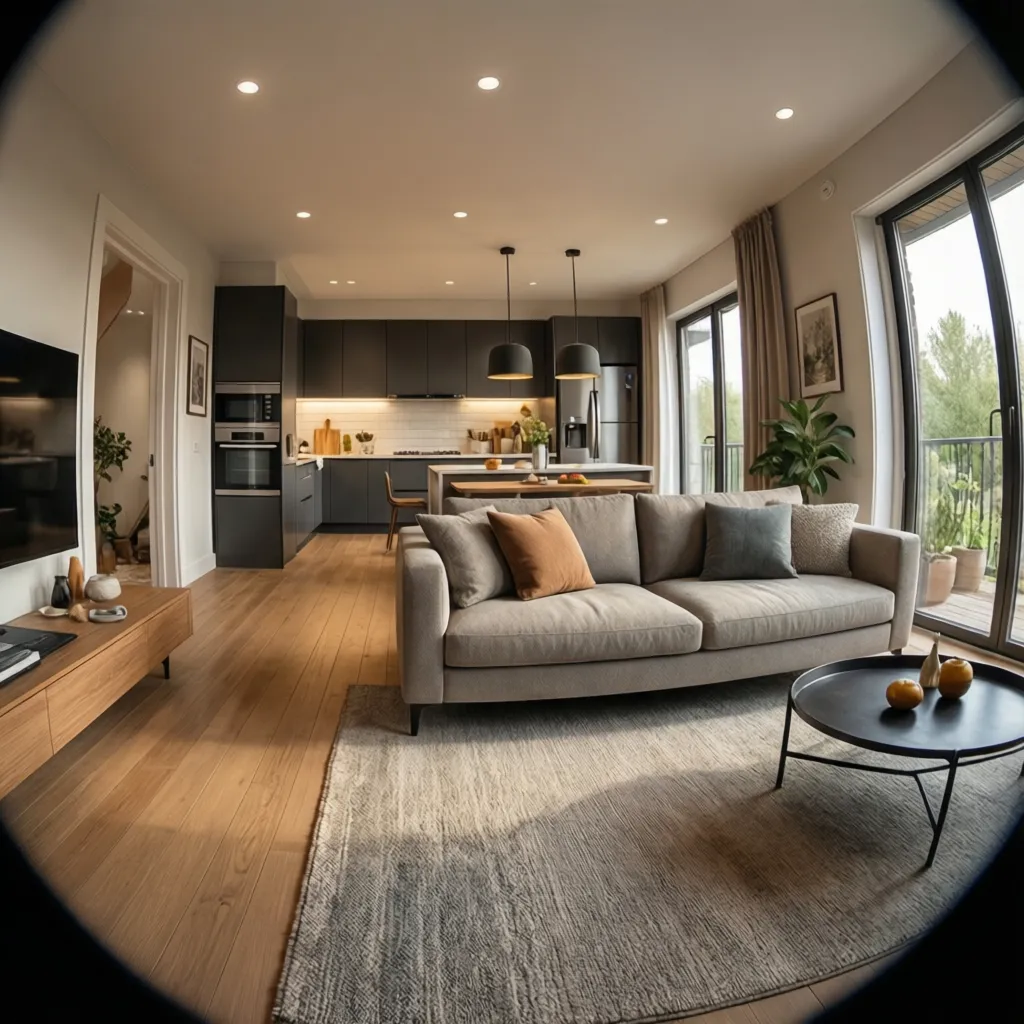 Phân vùng phòng khách và bếp bằng sofa và thảm
