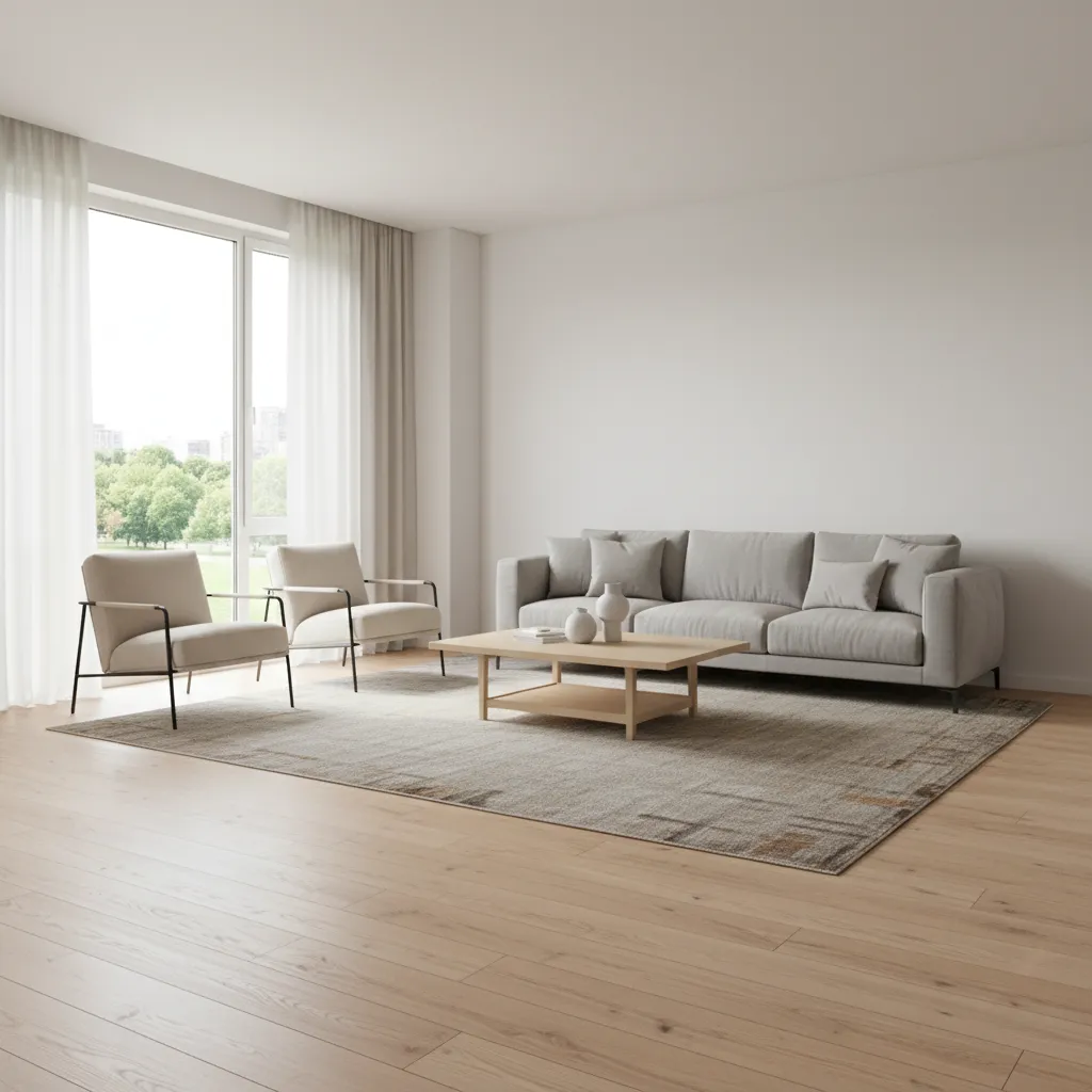 Modern living room with laminate flooring highlighting areas buyers visually inspect