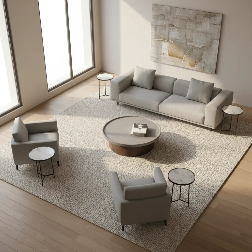 Living room layout showing oversized rug under sofa and chairs
