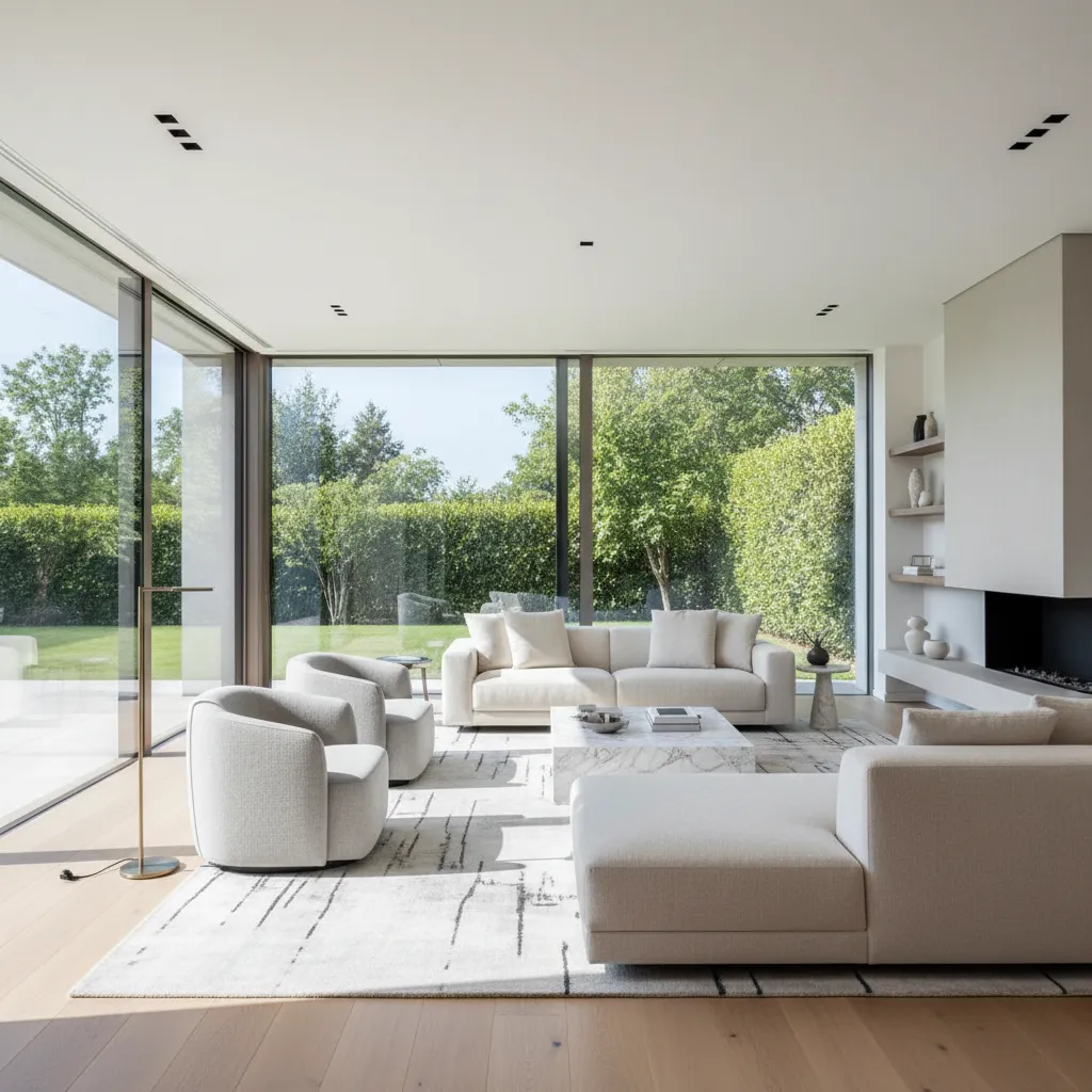 Bright living room with wide sliding glass doors and garden view
