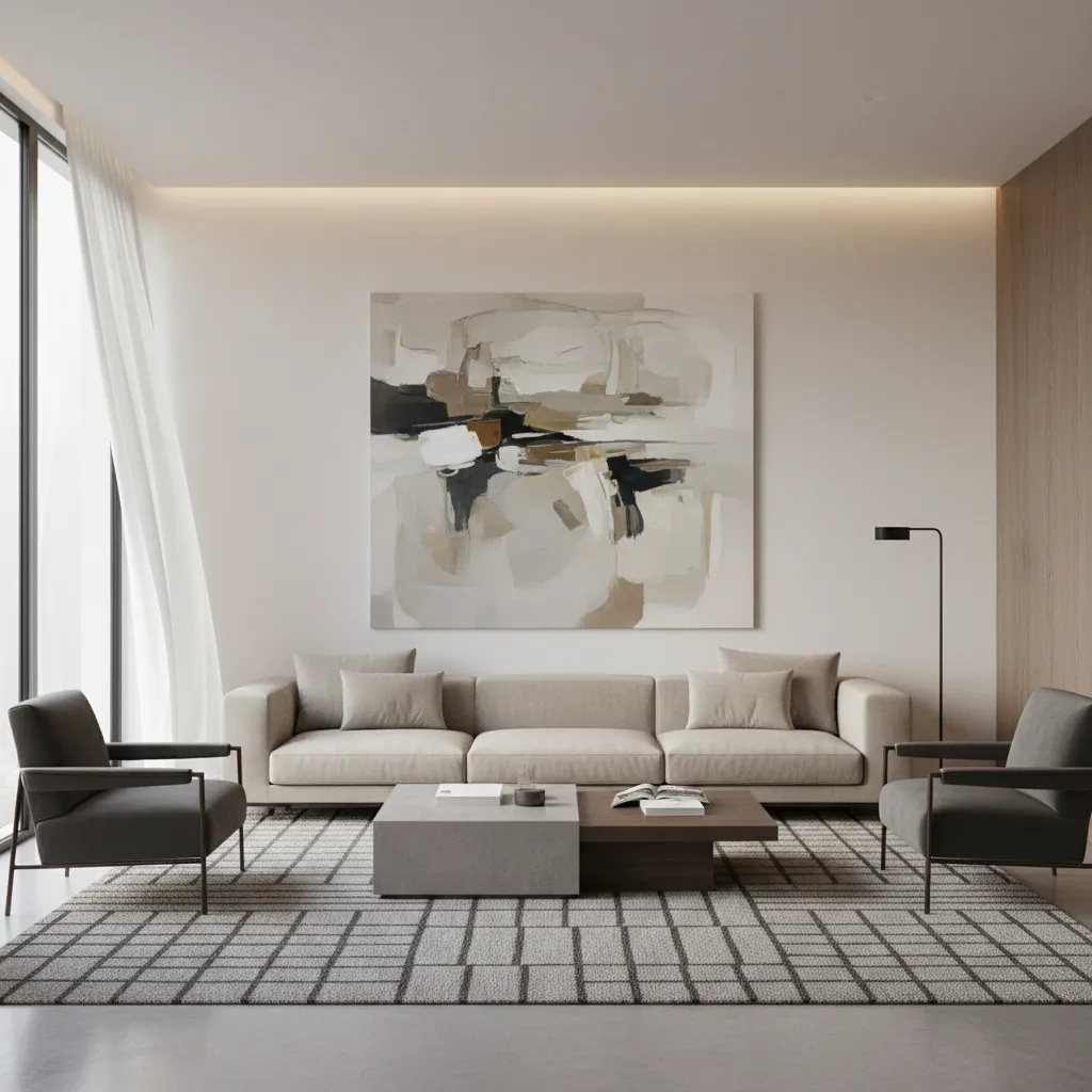 Modern living room with large wall painting beige sofa two grey chairs coffee table rug