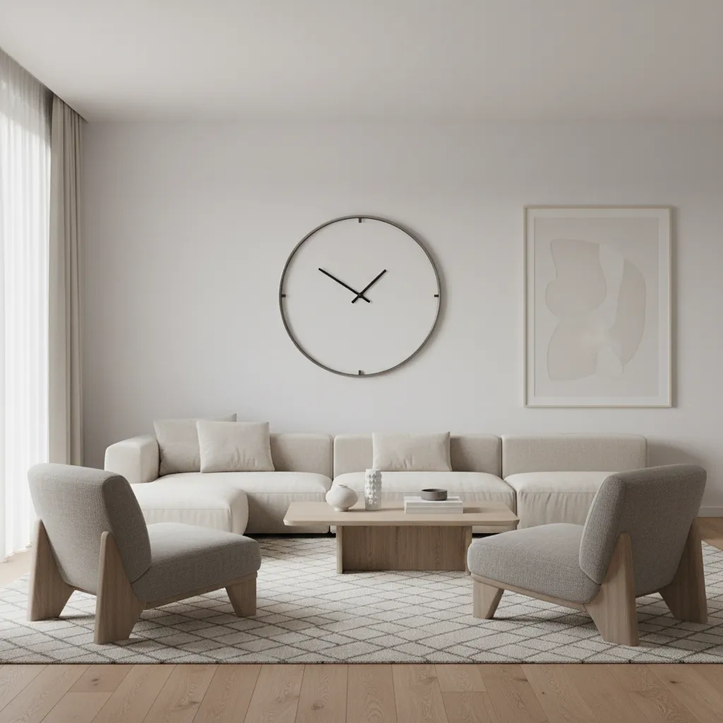 Large modern wall clock mounted above a living room sofa