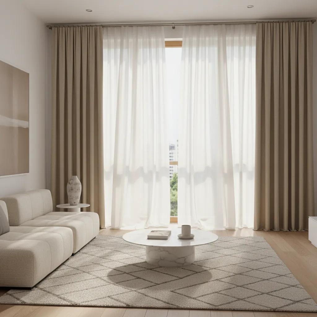 Living room window with layered sheer and blackout curtains