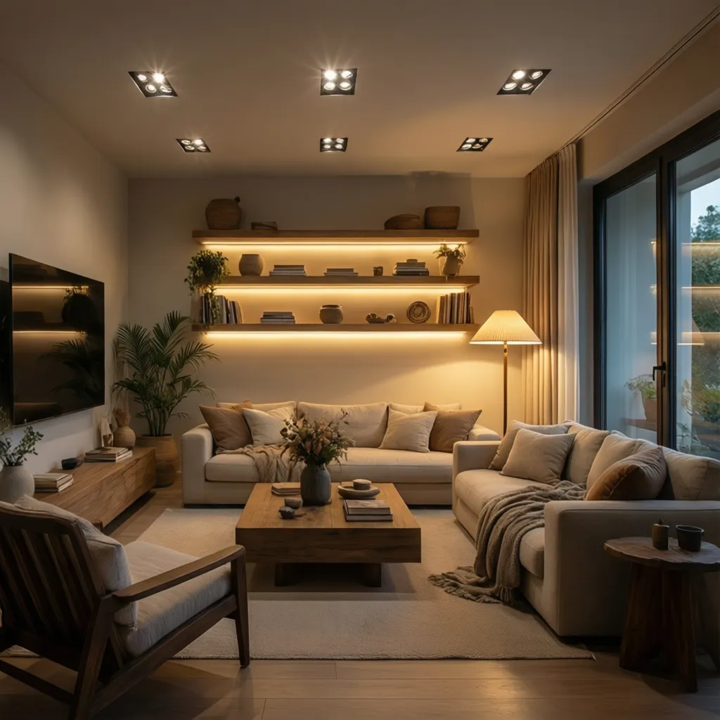 Salón con iluminación en capas incluyendo luz ambiental y puntual