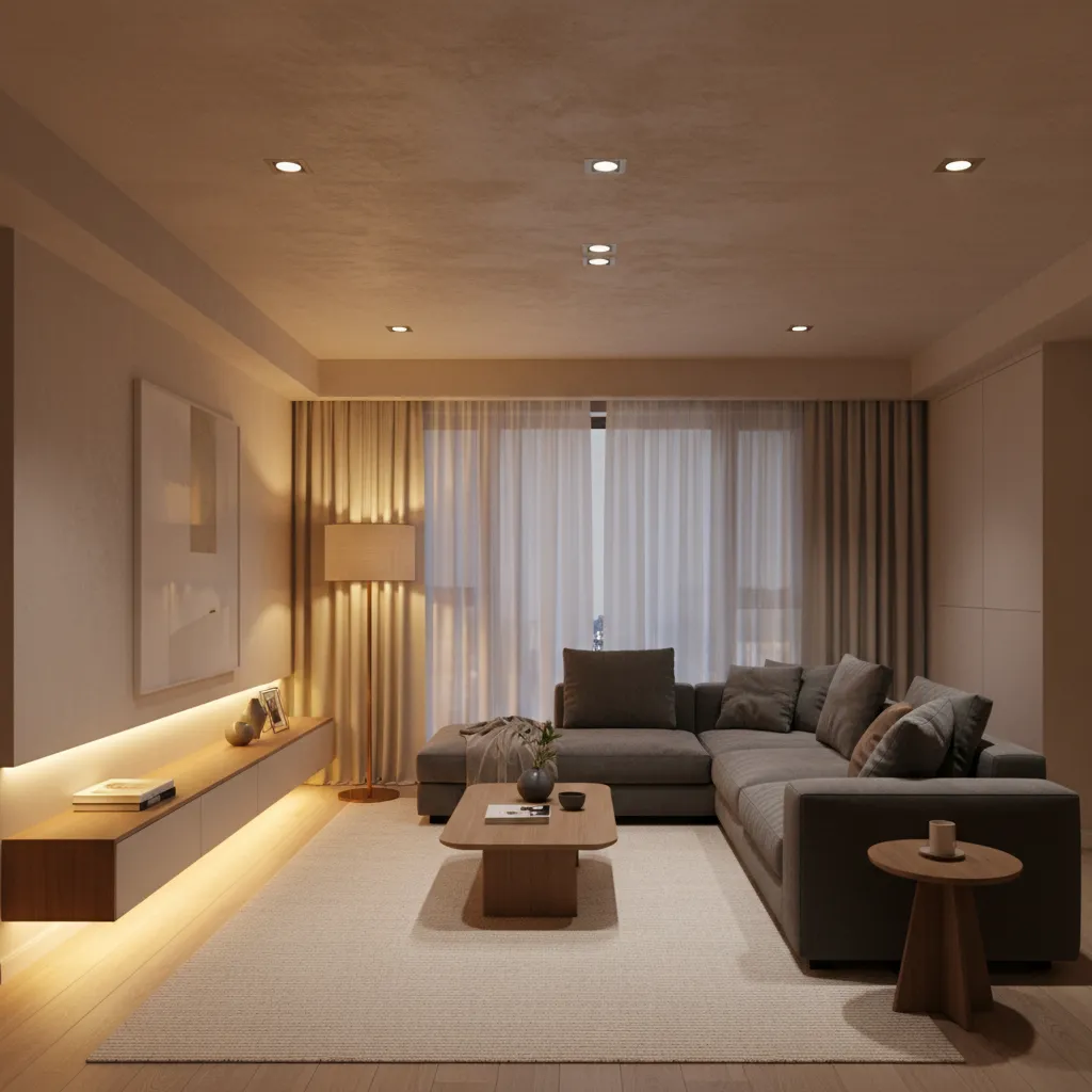 Salón con iluminación en capas con lámpara de techo, lámpara de pie y luz ambiental