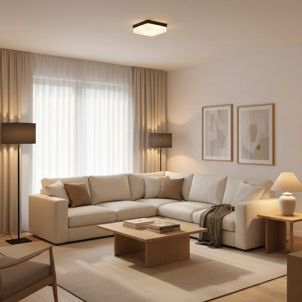 Living room with layered lighting including ceiling light floor lamp and table lamp showing balanced brightness