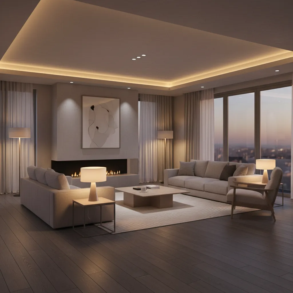 Grey floor living room with layered lighting including lamps and warm ambient light