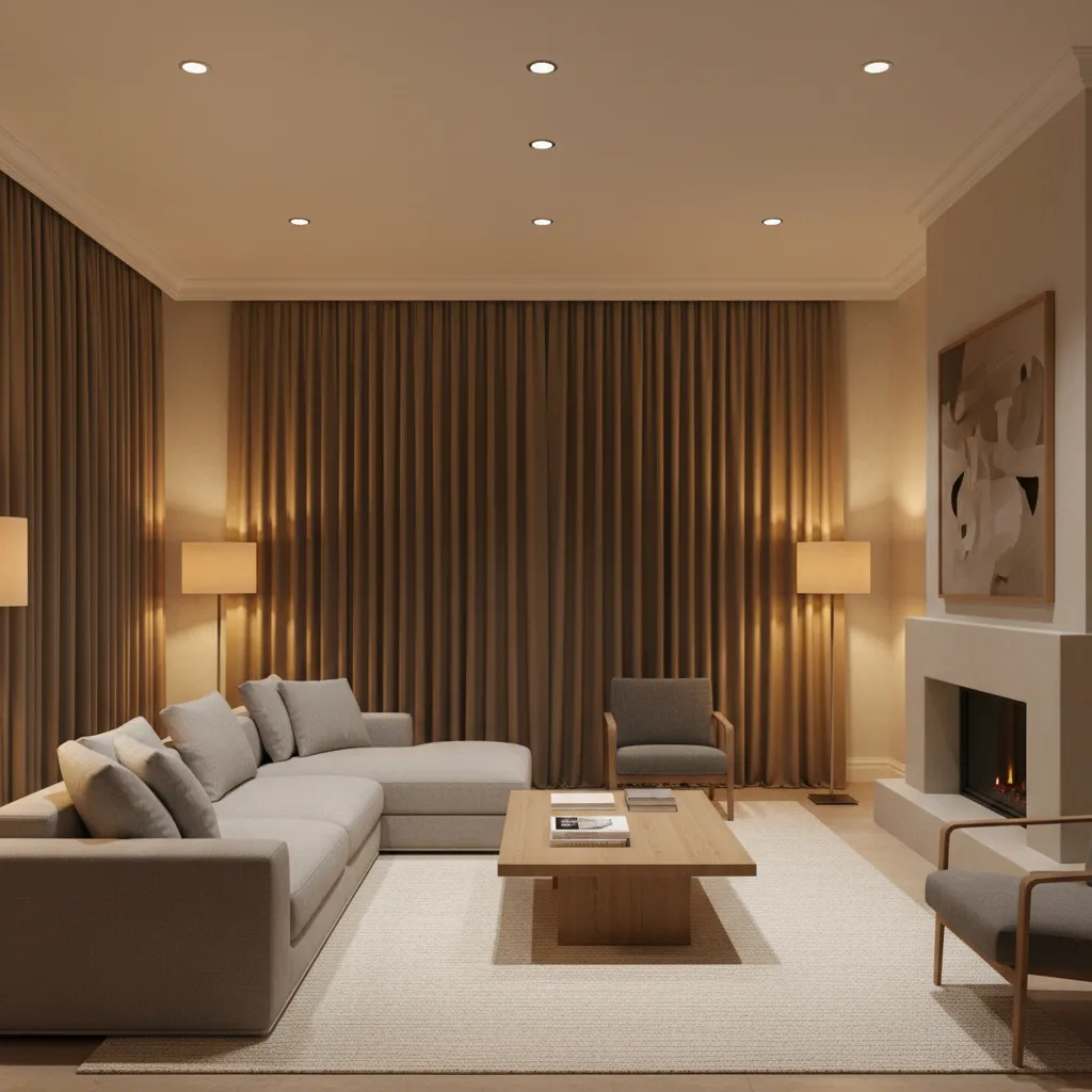 Living room with brown curtains and layered lighting including floor lamps and ceiling lights