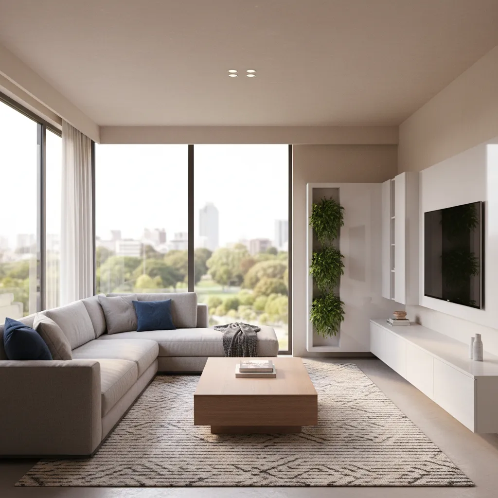 Modern living room with grey sofa wood coffee table white cabinet and large city windows