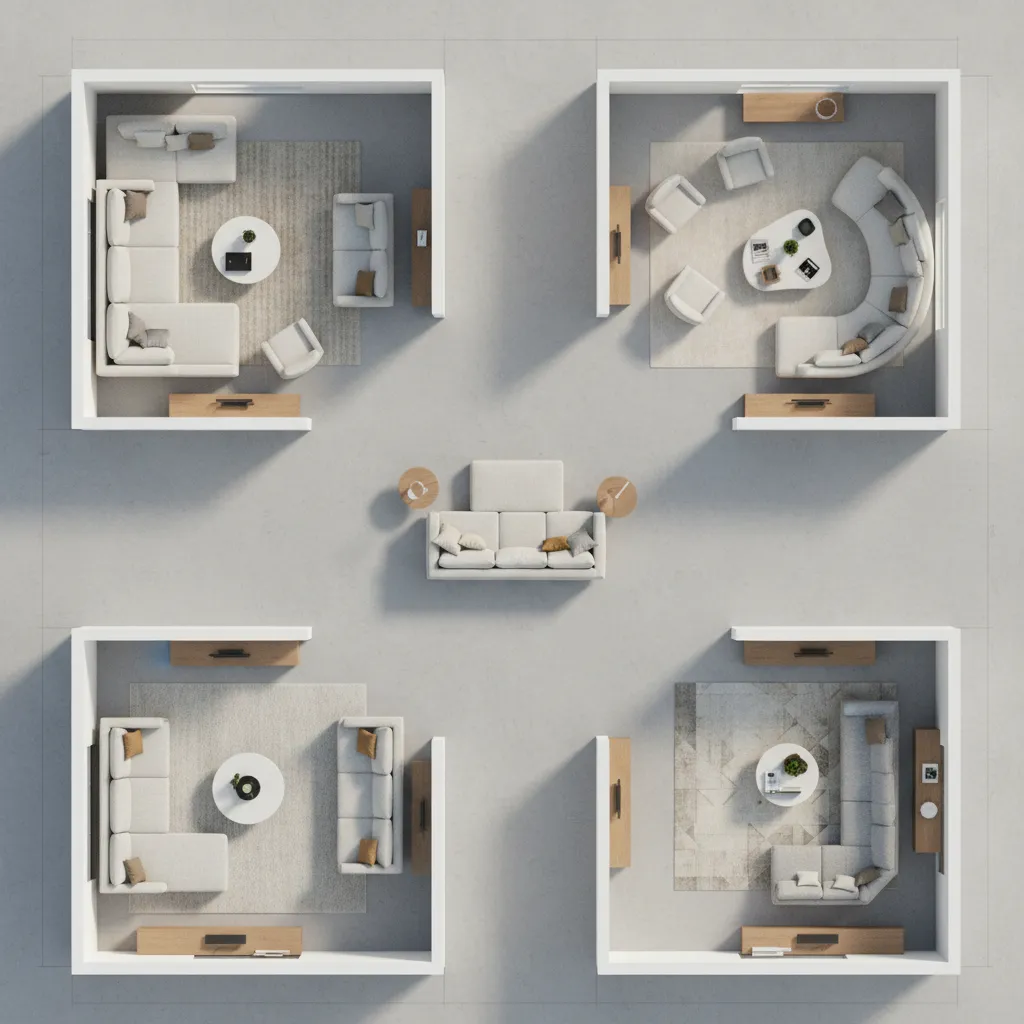 Plano de salón con diferentes distribuciones de muebles