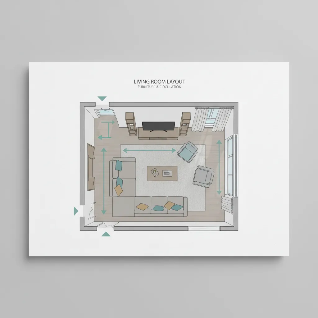 diagram showing furniture layout and circulation flow in a living room