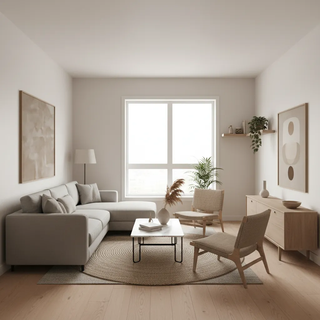 Distribución de salón en piso pequeño con sofá delimitando espacios