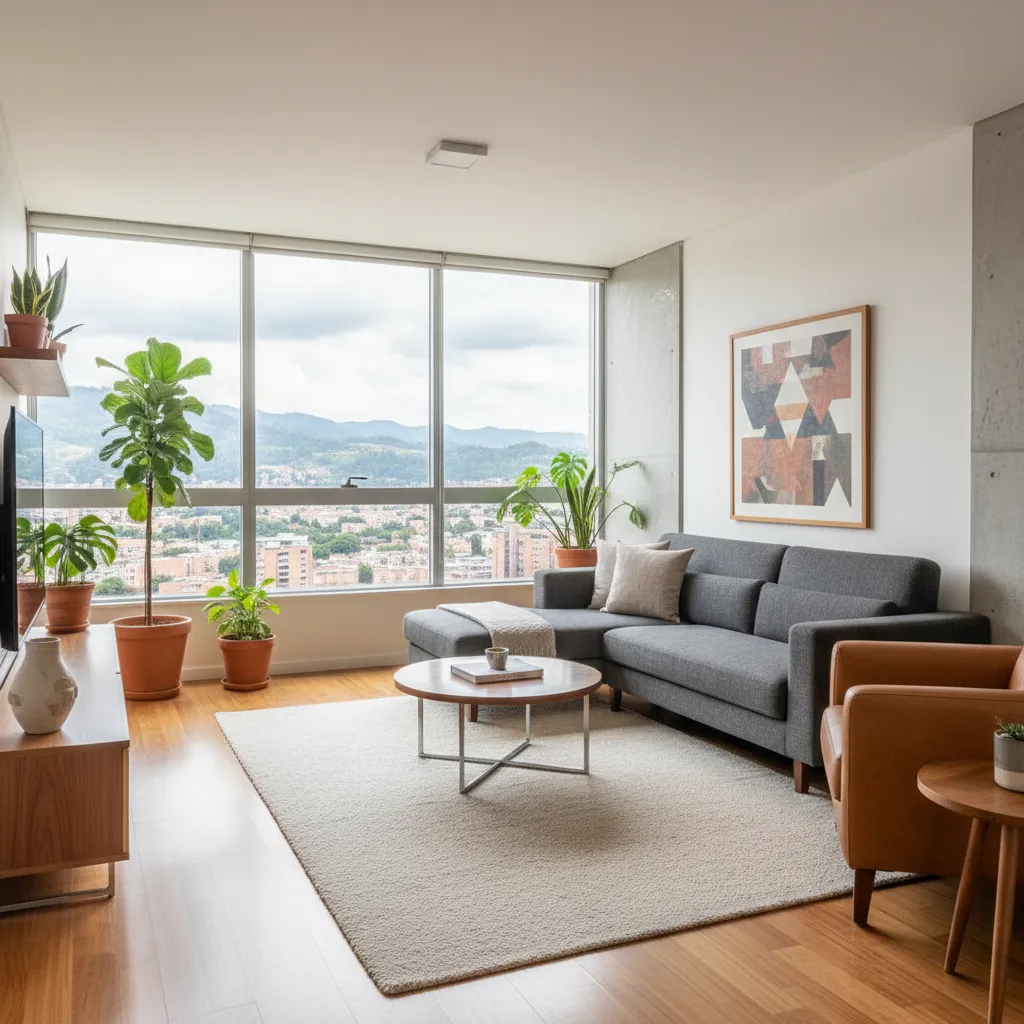Distribución de sala moderna en apartamento de Medellín