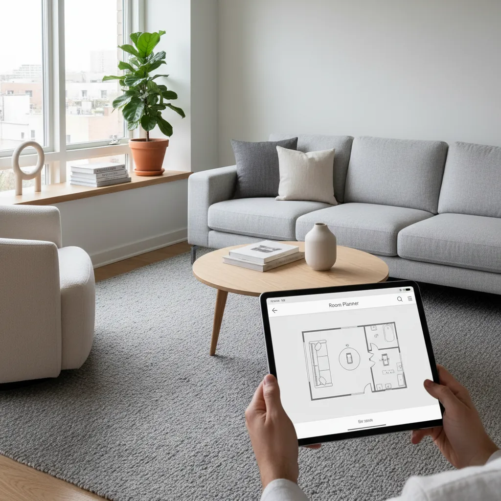 Person planning a living room layout using a furniture arrangement app
