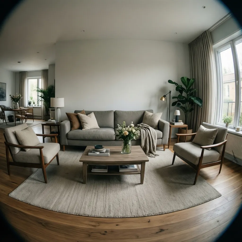 Distribución equilibrada de un salón con sofá central y circulación libre