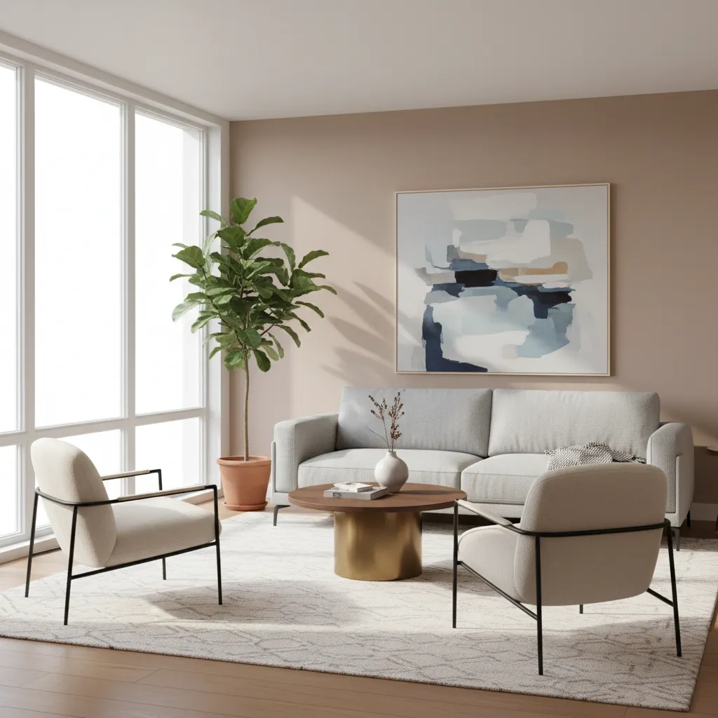 Living room seating arrangement centered around a coffee table and rug