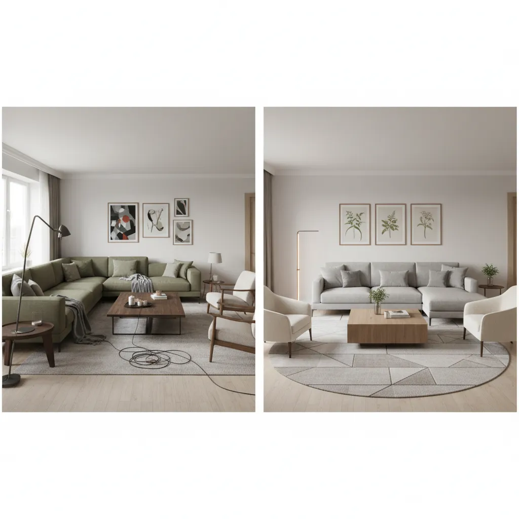 comparison of poor vs well planned living room layout showing furniture arrangement difference