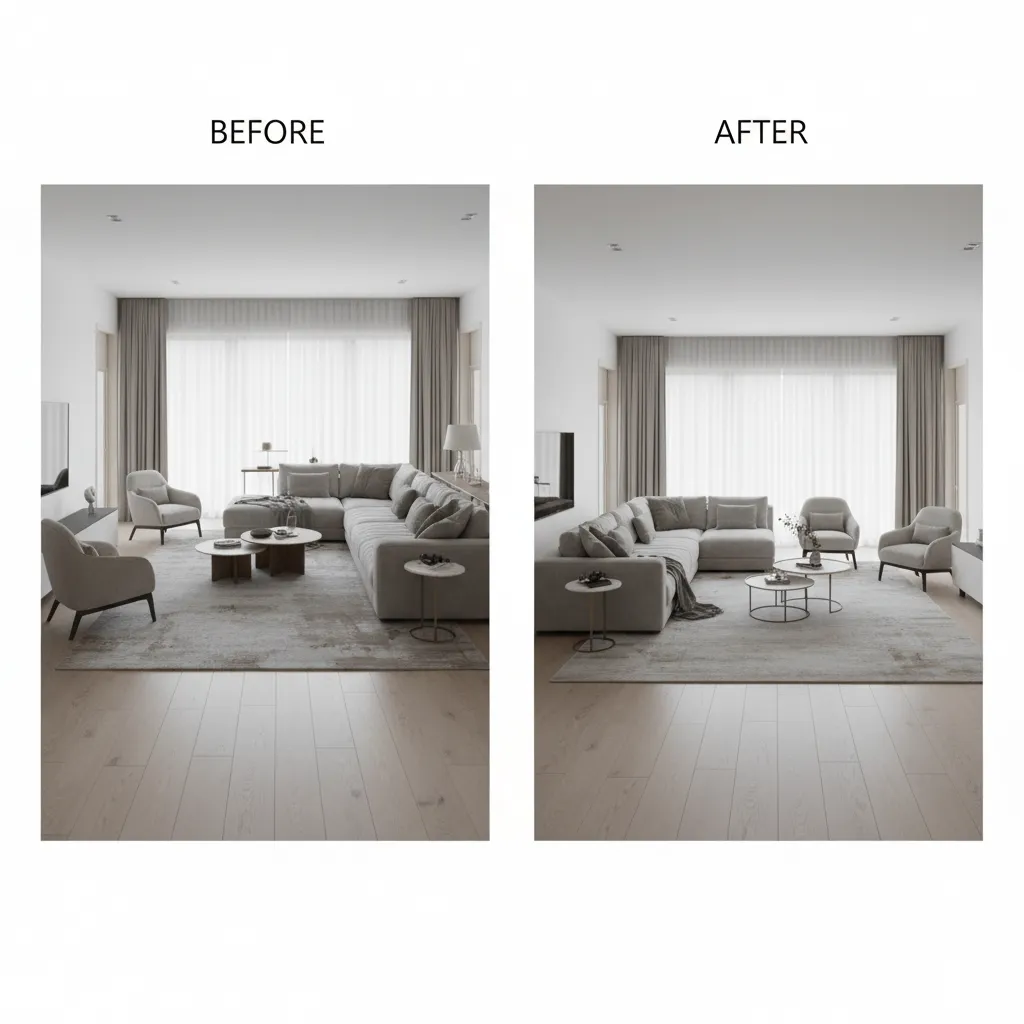 Comparison of poor living room layout and improved furniture arrangement